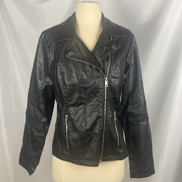 ASOS New Look Black Faux Leather Biker Jacket Full Zip Quilted Sz Medium - Picture 2 of 13